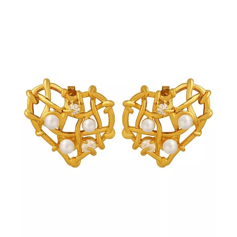 Akalia Waterproof Road To Heart Pearl Earrings - One Size Gold Plated